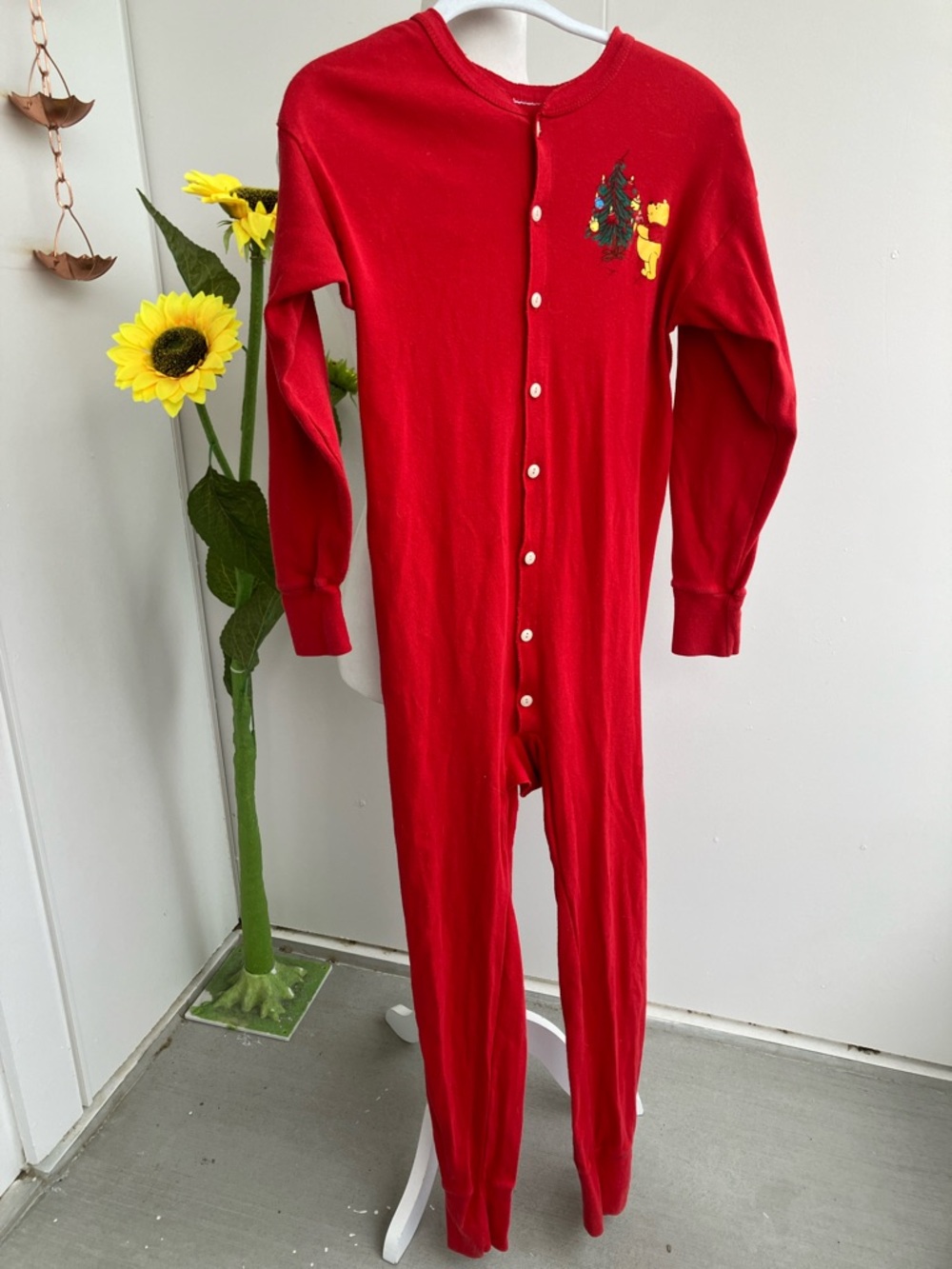 Vintage 70s 80s Red Winnie the Pooh One Piece Button Up Christmas Sleep Jumpsuit